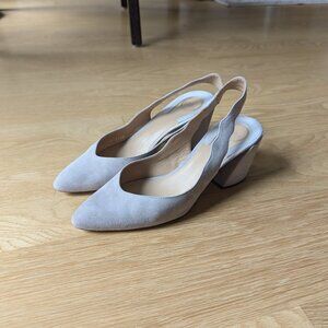 Pearly scalloped suede Chloe slingbacks low block heel